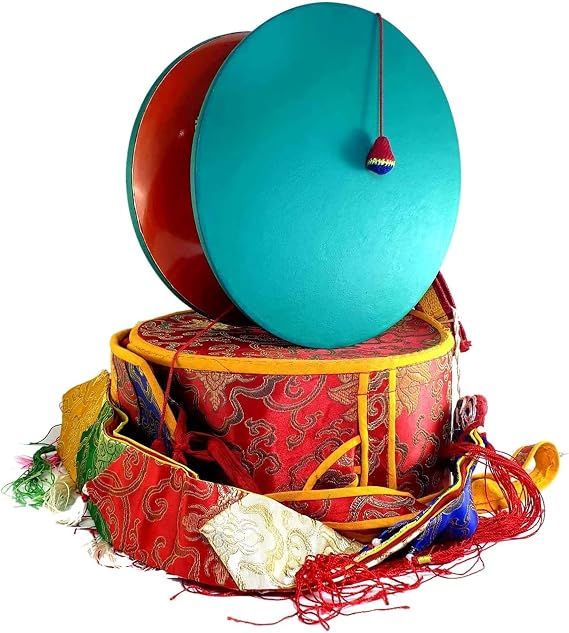Tibetan Chod Damaru Round, Large, Wooden Leather, With Brocade Damaru Drum Cover Damaru Brocade Tail - Nepali Authentic Design Hand Carved Folk Musical Instrument for All Age Musicians