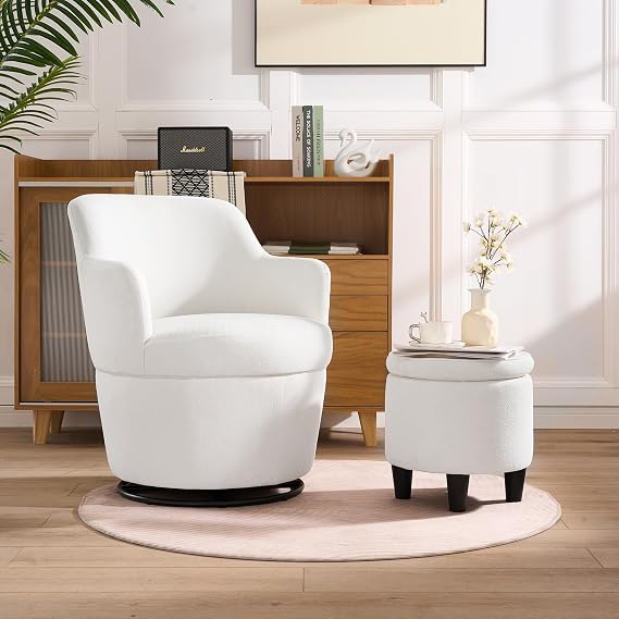 adochr Swivel Accent Chair with Ottoman, Fabric Small Barrel Chair with Footstool, Modern Round Bedroom Chair for Living Room, Beige