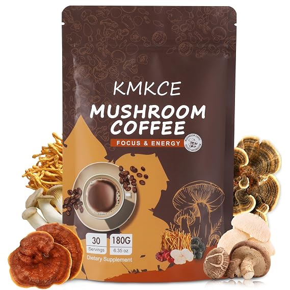 Mushroom Coffee, 6 Organic Mushrooms with Lion's Mane, Reishi, Cordyceps, Shitake, King Trumpet & Turkey Tail, Instant Coffee Powder for Energy, Digestion Immune Support,30 Servings