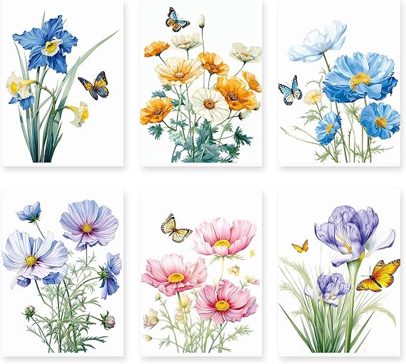 LIIGEMI Vintage Floral Wall Art -Print Blue and Pink Flower Poster with Butterfly, Plant Artwork Wall Decor Posters for Living Room Bedroom Aesthetic, Pastel Wall Pictures Decor Set of 6( 8"x11"