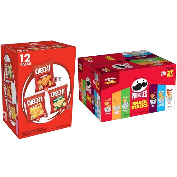 Cheez-It Cheese Crackers, Baked Snack Crackers, Lunch Snacks, Variety Pack, 12.1oz Box (12 Packs) + Pringles Potato Crisps Chips, Snack Stacks, Lunch Snacks, Variety Pack (27 Cups)