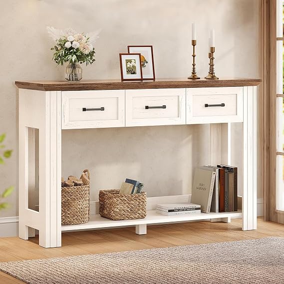 47" Farmhouse Console Table with 3 Drawers, Rustic Entryway Table with Open Shelf, Sofa Tables Behind Couch for Entrance, Living Room, Hallway, Warm White