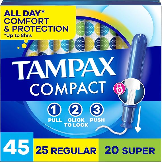 Tampax Compact Pearl Tampons for Women Multipack, with LeakGuard Braid & Extendable Applicator, RegularSuper Absorbency, Compact Extendable Applicator, Unscented, 45 Count