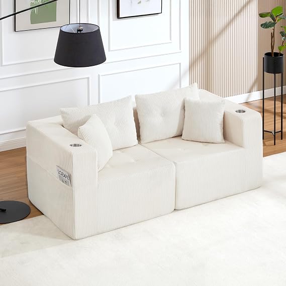 73" Loveseat Modular Sectional Sofa, Oversized 2-Seater Boneless Tufted Cloud Couch with Cup Holder, Corduroy Upholstery Small Couches for Living Room, No Assembly Beige