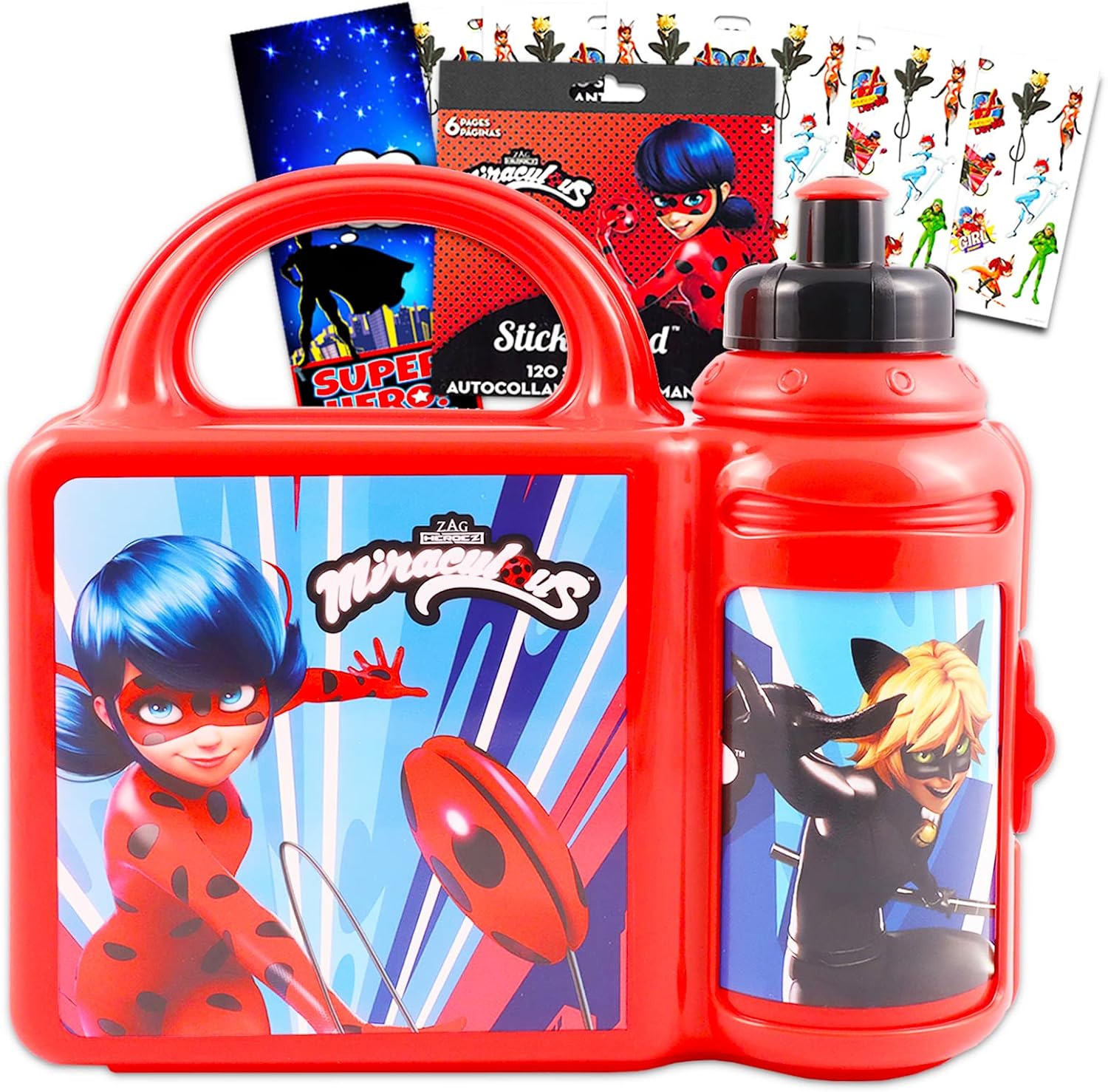 Miraculous Ladybug Lunch Box and Water Bottle Set - Miraculous Ladybug School Supplies Bundle for Kids and Toddlers Plus Superhero Girls Stickers Miraculous Ladybug Lunch Set