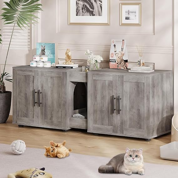 Cat Litter Box Enclosure for 2 Cats, Multi - Functional Cat Litter Cabinet, Hidden Litter Box Furniture with Scratching Mat, Wooden Pet House 140 x 45 x 52 cm Grey