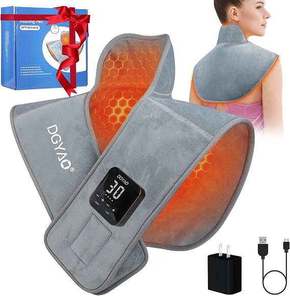 Rechargeable Portable Shoulder and Neck Heating Pad, Wearable Heater 4 Levels of Temperature Settings and 6 Levels of Timed Auto Off, Relieve Shoulder and Neck Pain