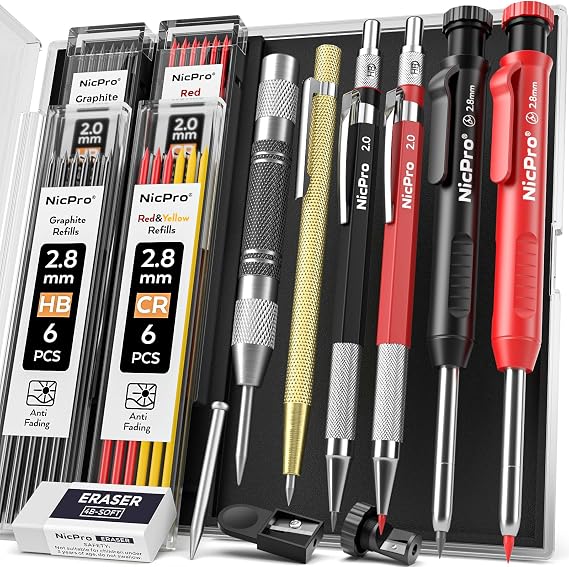 Nicpro 11 Pack Carpenter Pencil Set with Sharpener, Pencil for Construction