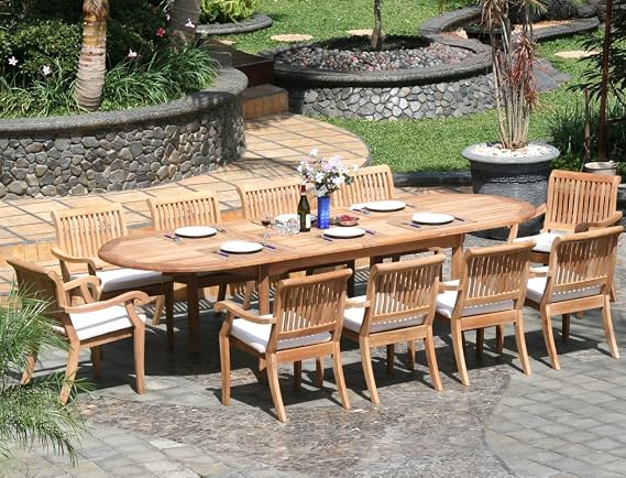 New 11 Pc Luxurious Grade-A Teak Dining Set - Large 117" Oval Table and 10 Stacking Arbor Arm Chairs #WHDSABm