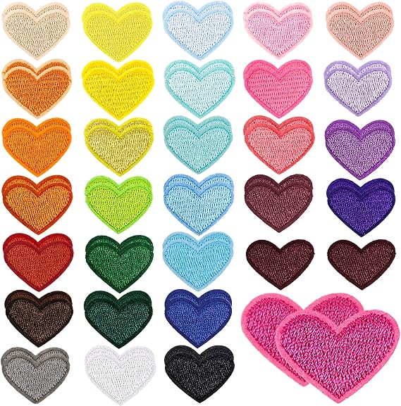 62 Pcs Colorful Embroidered Iron on Heart Patches Hearts Iron on Patches Mini Tiny Fabric Heart Sew on Patch,Hearts Embroidered Patch for Clothes Dress Pant Hats Backpack
