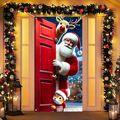 Christmas Door Cover 71x35 Inch Santa Claus and Reindeer Door Banner, Merry Christmas Winter Porch Sign Holiday Entry Decor Indoor Outdoor Farmhouse Party Hanging Cover
