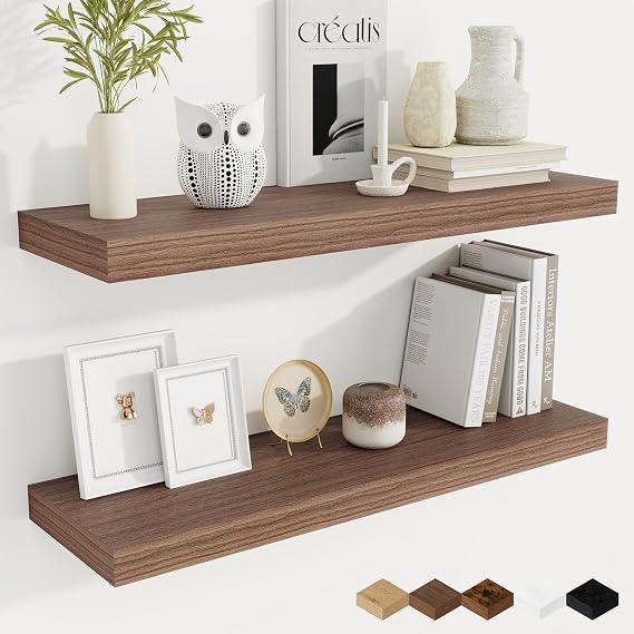 Fun Memories 9.3Inch Deep Floating Shelves for Wall, 32 Inch Rustic Wood Wall Mounted Shelves for Bathroom, Bedroom, Kitchen, Deep Floating Shelf for Storage & Home Decor (Walnut, Set of 2)