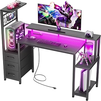 Korfile 48 Inch Gaming Desk with LED Lights & Power Outlets,Computer Desk with Fabric Drawers & Side Hook,Reversible Gamer Table with Monitor Stand for Game Room,Home Office,Carbon Fiber Black