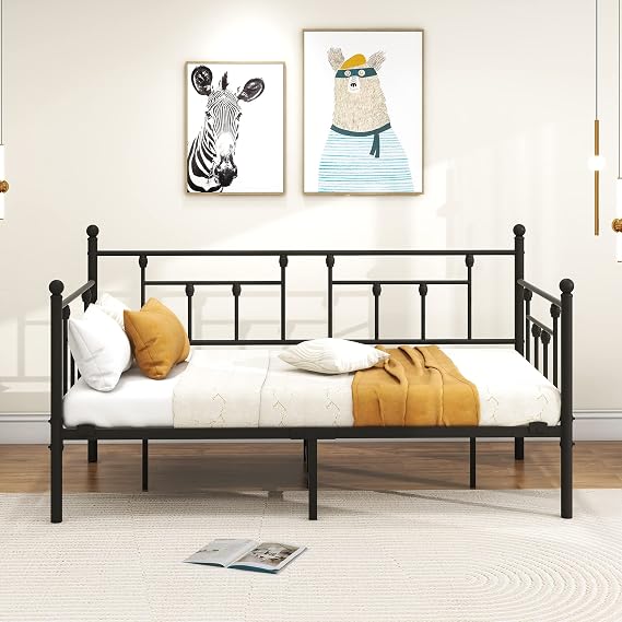 Day Bed Frame 90 x 200 cm Bed, Single Bed Sofa Bed with Slatted Frame for Guest Room, Youth Bed, Metal Bed, Day Bed, Bed Frame for Bedroom, Living Room, Black