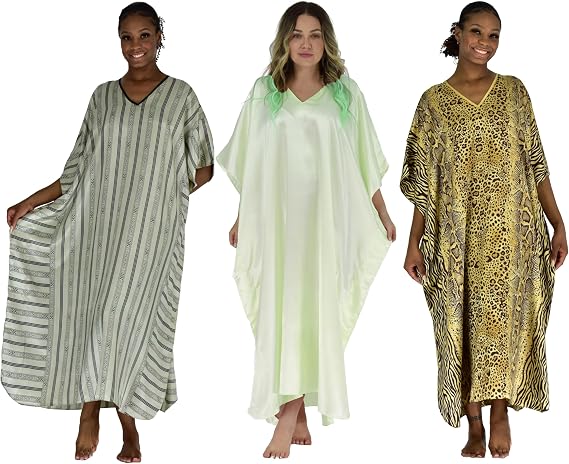 Up2date Fashion Women Three Satin Caftans Combo Pack, One Size Solid Colors, Special-24