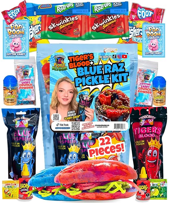 Blue Raspberry + Tiger's Blood Pickle Kit -Gift Pouch by Ashley Dashley from Tiktok-1 Blue Raz + 1 Tiger Blood Pickles w/Skwinkles, Fruit Roll Ups-by Food Crush