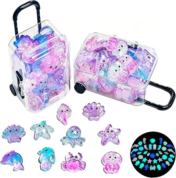 35Pcs Mini Resin Animals Set with Suitcase, Luminous Crystal Ocean Sea Creatures Figurines, Glow in The Dark Marine Miniatures for Fairy Garden Fish Tank Aquarium Decor