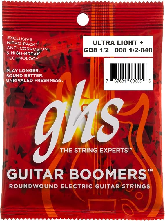 GHS Strings, GB8 1/2 Boomers, Nickel Plated Steel Electric Guitar Strings, Legendary Strength, Consistent Intonation, Long Lasting Brightness Tone & Sustain. For 6-String Guitar, 8.5-40, ULT+ Gauge