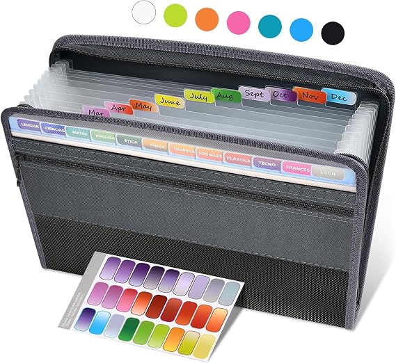 Sooez Accordion File Organizer with Zipper, 12 Pocket Expanding File Folder
