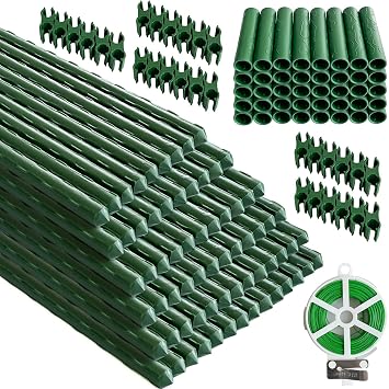 70 Pack Garden Stakes Set, 16 Inch Plant Stakes Support with 40 Connectors 30 Rotatable Clips 164ft Twist Tie for Growing Climbing Plants Vegetables