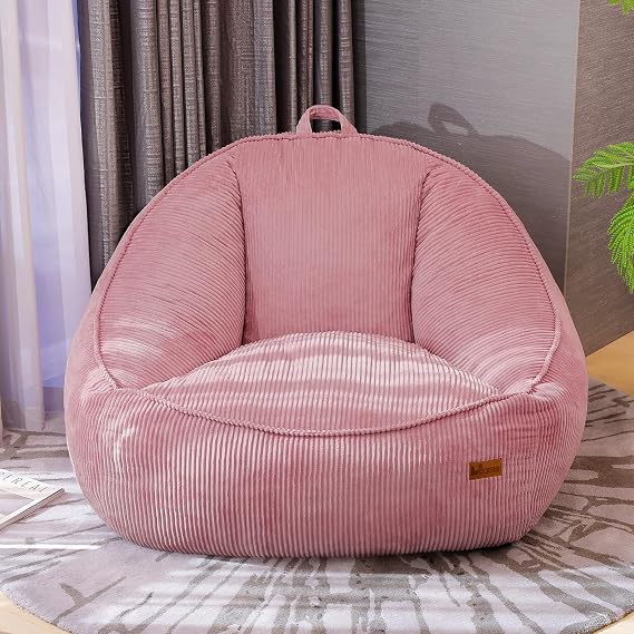 Giant Bean Bag Chair, Big Corduroy Single Sofa Chair for Adults, Luxury Boneless Beanbag Sofa with Foam Filling and Handle, Floor Chair for Living Room & Bedroom(Pink-L)