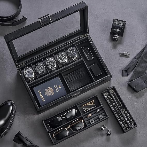 ProCase Men's Jewelry Box, 5-Slot Watch Display Case Jewellry Storage Organizer for Sunglasses Rings Accessories with Hidden Compartment, Watch Holder with Glass Lid -Black