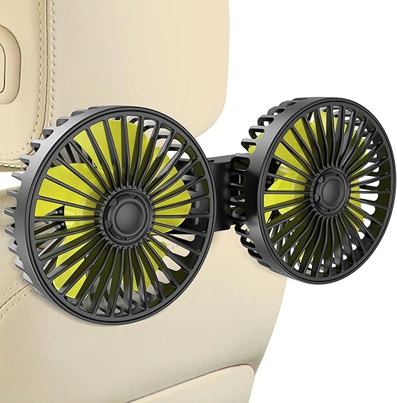 Wowok Car Fan for Rear Seat Passenger Dual Head USB Car Seat Fan for Backseat Kids, 360 Rotatable 3 Speeds Air Circulation Fans for Baby, USB Fans with Adjustable Clip for Vehicles SUV RV Vehicles