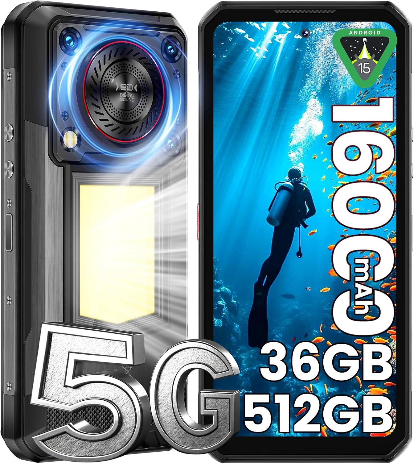 OUKITEL WP56 Outdoor Mobile Phone 5 G - 36 12  24 GB RAM  512GB2TB ROM 16000mAh 108MP 128DB Speaker Construction Site Mobile Phone Without Contract with 1000 Lumen Camping Light 6.8 Inch FHD