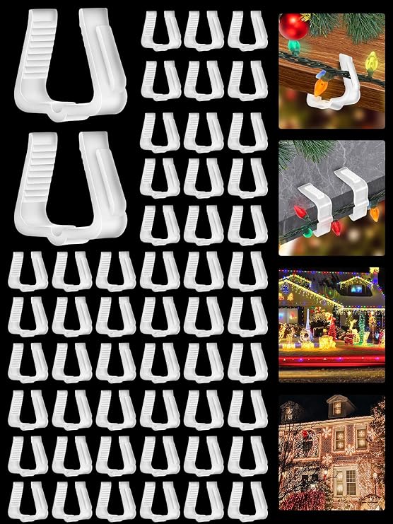 Yotako 50Pcs Christmas Light Clips | 5/8" Fascia Clips Christmas Light Hanger Hooks Deck Light Clips for Christmas Decoration Deck Roof Gutter Fence Eave, Gift