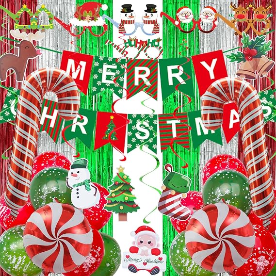 Christmas Decorations, Merry Christmas Decor Banner Hanging Swirls Candy Cane Balloons Tinsel Backdrop Glasses Frames for Indoor Outdoor Decorations