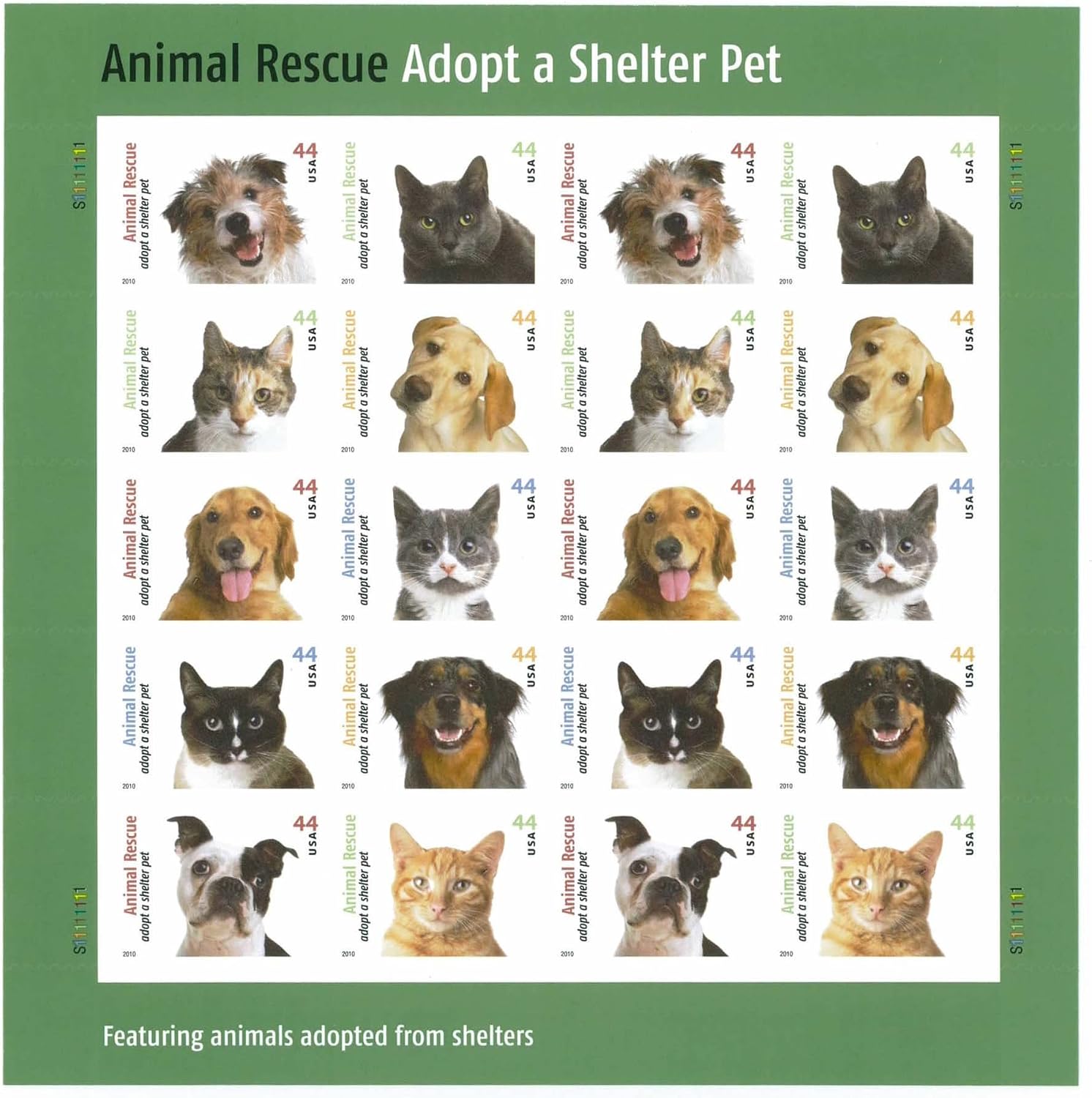 USPS Animal Rescue Sheet of 20 Postage Stamps 2010 Scott #4451-4460