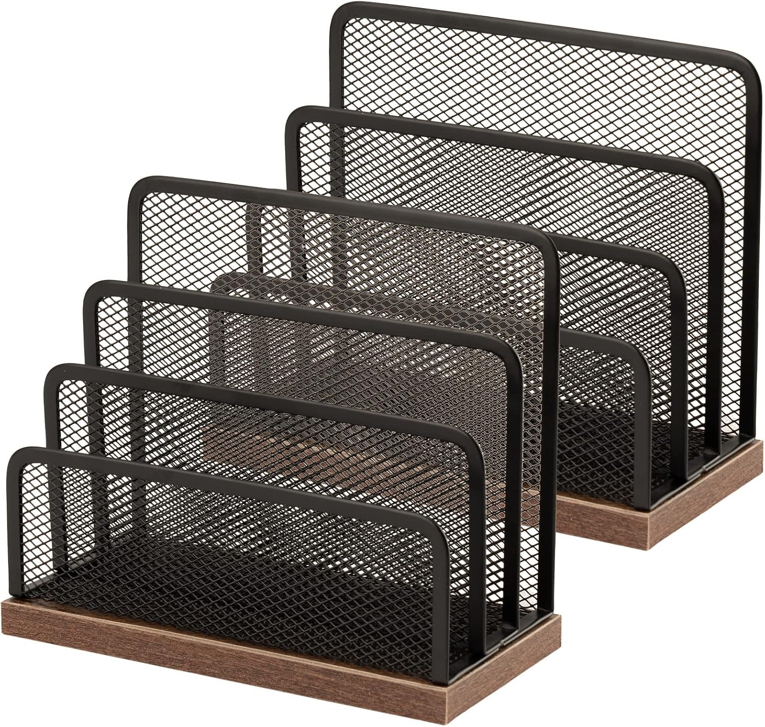 Wooden Desk Mail Organizer, Desktop File Organizer Metal Mesh with 3 Vertical Upright Compartments, Mail Sorter Letter Organizer Rack for Letters, Postcards, Brochures, Mail Holder 2 Pcs Black
