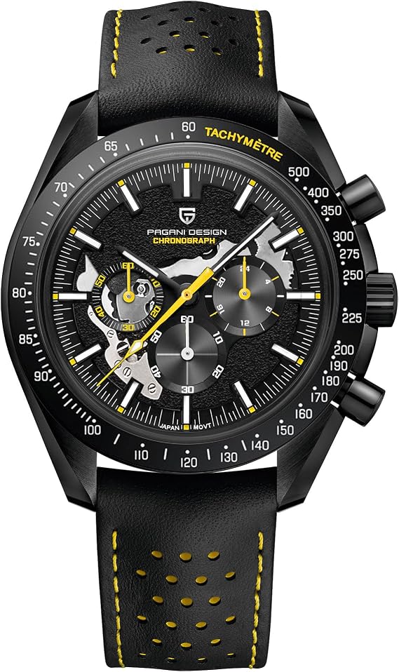 Pagani Design 1779 Luxury Men's Quartz Watch Moon Chronograph Skeleton AR Synthetic Sapphire VK63 Movement Leather Strap Waterproof Sport Watch Full Black