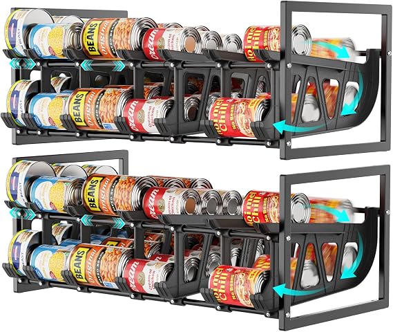 Pantry Can Organizer - Auto-Rolling, Expandable, Holds 120 Cans | Stackable For Walk-in Deep Pantry Shelf, Adjustable Width for Food Cans, Sturdy Metal Frame, Easy Access & Restocking, Black