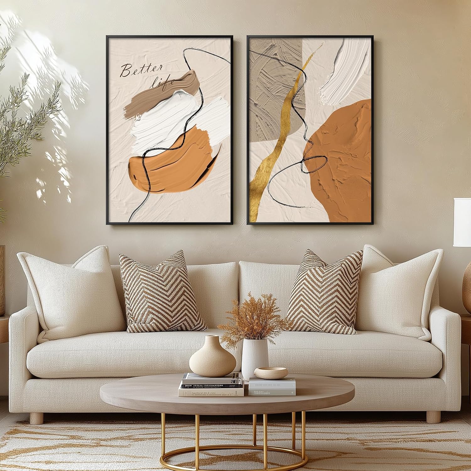 Framed Abstract Neutral Wall Art Set of 2 - Beige Orange Brown Gold Modern Painting Prints for Living Room Bedroom, Guest Room Hallway Office - Contemporary Wabi-Sabi Fall Winter Decor Each 24x36 Inch