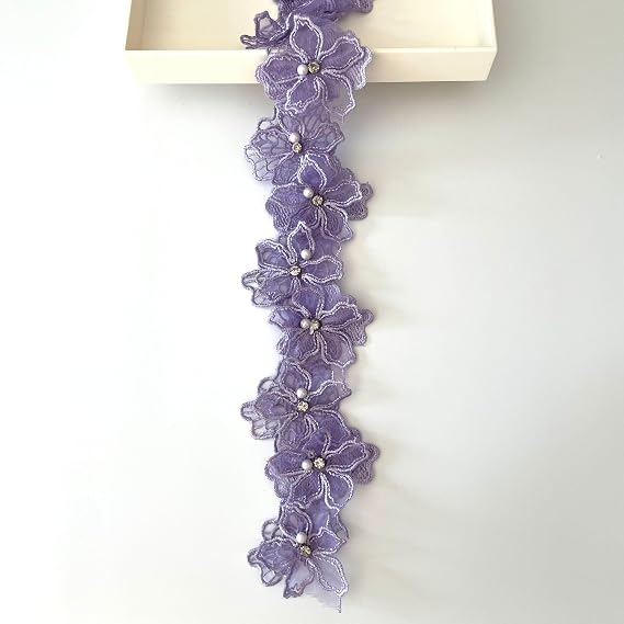 2 Yards 3D Pearl Beads Flower Lace Trim Ribbon Floral Applique Embroidered Lace Fabric for Sewing DIY Crafts (Purple)