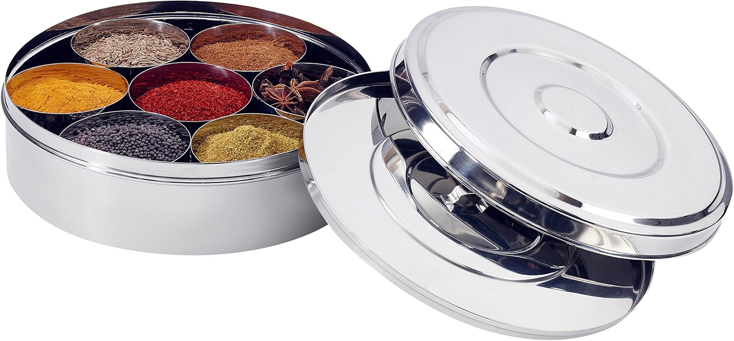 7116 Spice BoxMasala Dabba with 7 Comparments and 2 Stainless Steel Lid, 22 cm, Silver