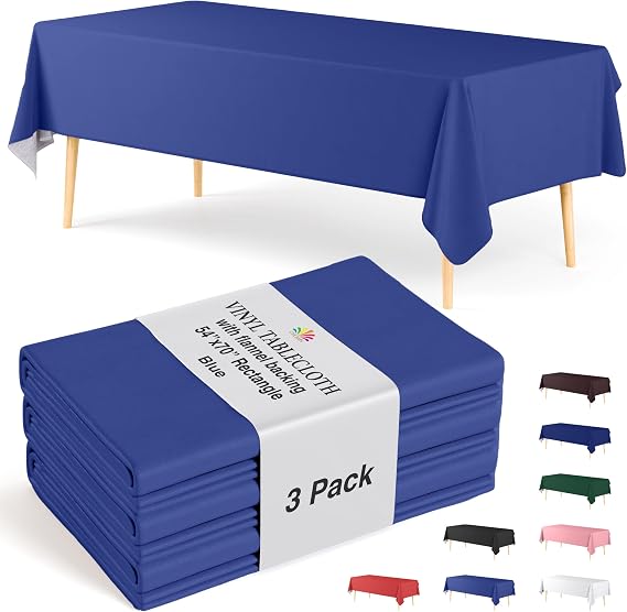 Exquisite Blue Vinyl Tablecloths - 54 in. X 70 in. - Pack of 3 Rectangle Tablecloths with Flannel Backing - Plastic, Reusable & Waterproof