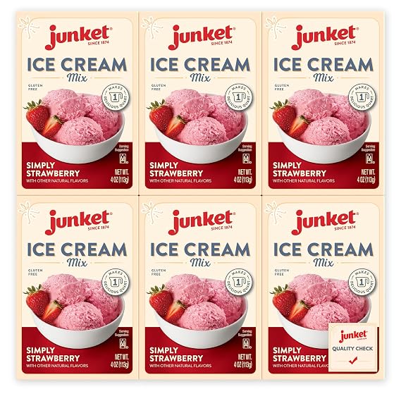 Junket Strawberry Ice Cream Mix: Makes 6 Quarts Old Fashioned Homemade Ice Cream for Ice Cream Maker or Hand Stir - Just Add Milk and Cream, Chill, and Enjoy. Quick and Easy! 4 oz Box of Powdered Ice