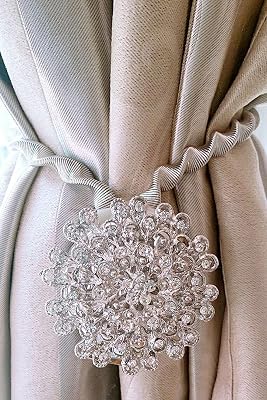 BTSKY 2 Packs Magnetic Crystal Curtain Tiebacks -Decorative Curtain Drapery Holdbacks Buckle with Stretchy Wire Rope Silver