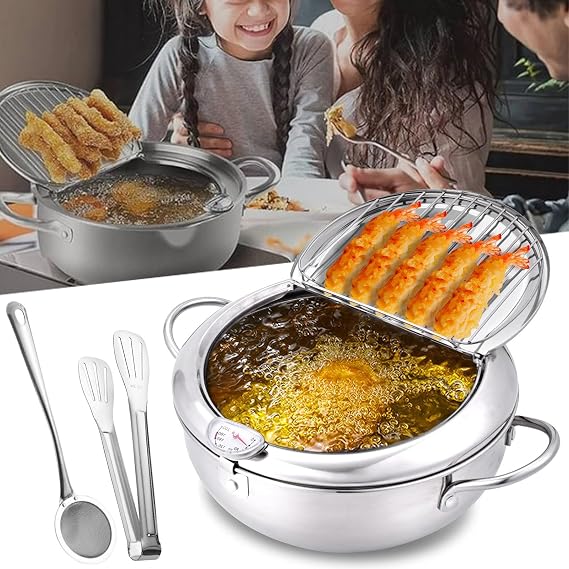 Stainless Steel Frying Pot with Thermometer and Oil Drip Drainer Rack, 11in/4.2 L Japanese Deep Fryer Pot, Stainless Steel Frying Pot with Thermometer for Kitchen French Fries, Chicken (7.8in)