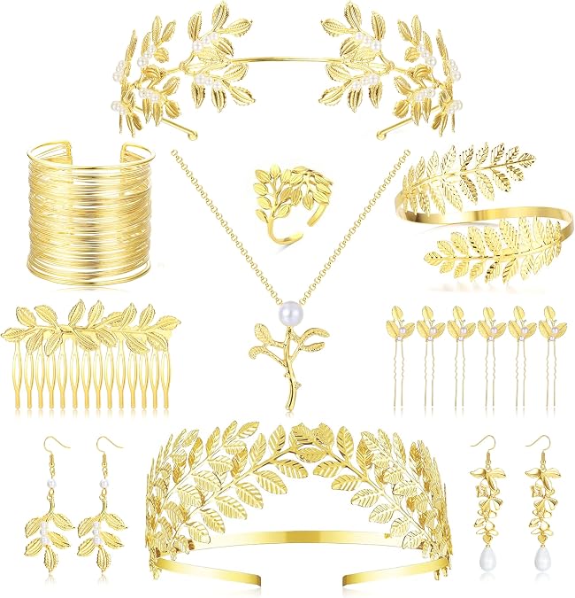MILACOLATO Greek Goddess Costume Accessories Set for Women Golden Laurel Leaf Crown Headband Arm Cuff Coil Bracelet Pearl Leaf Earrings Necklace Rings Hair Comb Pins Wedding Headpiece Toga Costume Jewelry
