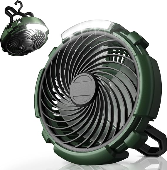 ASNUG Camping Fan with LED Lantern, 6000mAh Battery Operated Rechargeable Fan, 3 Speeds,180 Rotation, Portable Desk Fan with Hanging Hook, Tent Fan for Travel Camping Outdoor Fishing