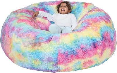 Foamma Bean Bag Chair for Kids, Tie Dye - 3ft Comfy Chair for Kids & Toddler with Washable Cover and Faux Fur Cover, Tie Dye Rainbow Design, Ideal for Reading Activities - Round Shape