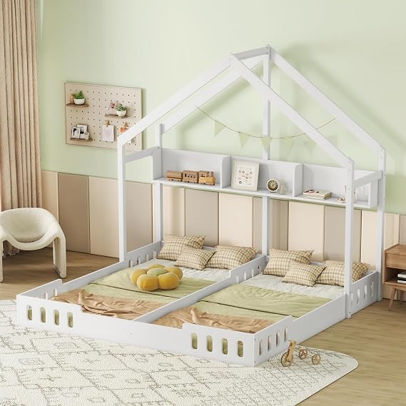 Double Montessori Floor Bed Twin Size,House Floor Bed for Toddlers,Kids,Two Shared Beds with Open Storage Shelves and Fence Guardrails,Solid Wood Frame,Creamy White
