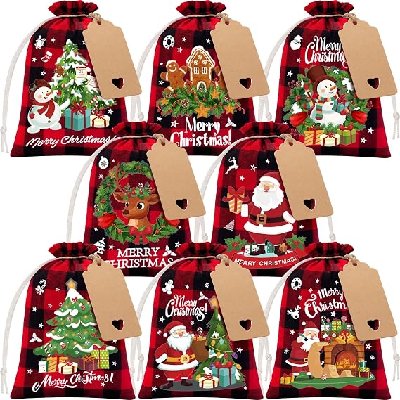 FLOE 24Pcs Burlap Christmas Drawstring Bags, 5x7in Buffalo Plaid Xmas Gift Bags w/Tag Xmas Candy Bag Small Christmas Linen Treat Goody Sacks Reusable Gifts Wrapping Bag Holiday Party Favors Sack