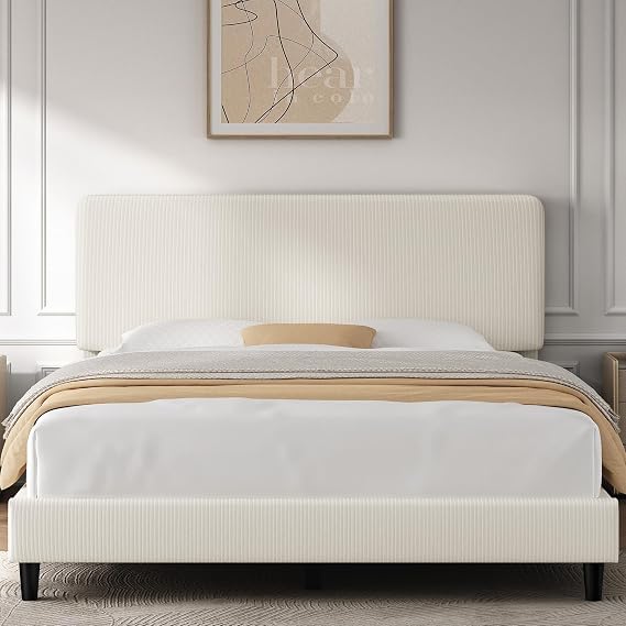 Yaheetech Queen Bed Frame, Adjustable Chenille Upholstered Headboard, Beige