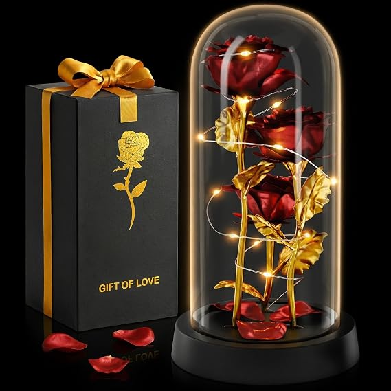 Rose in Glass Dome in Gift Box, LED Light Up, Battery Powered (Red)