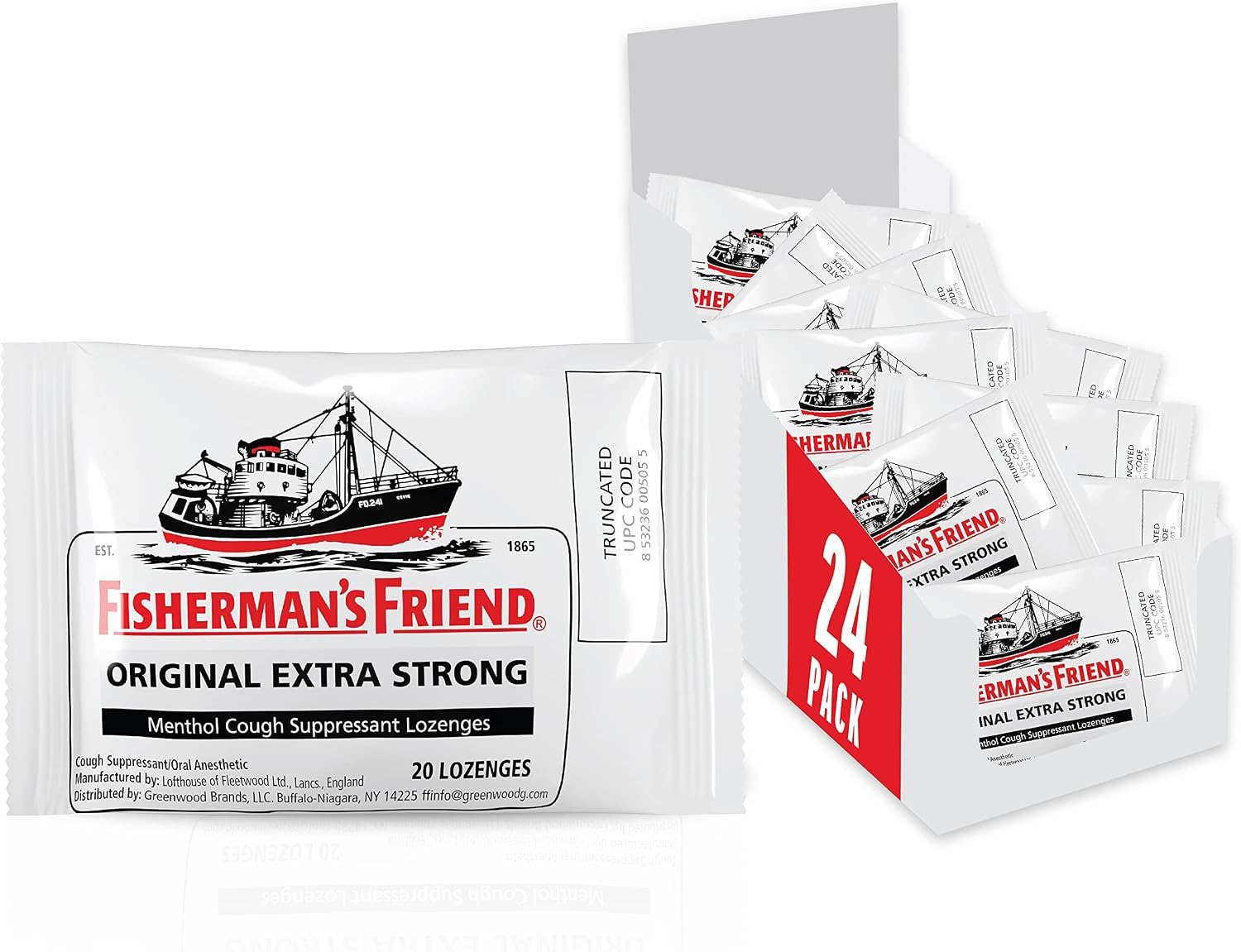 Fisherman's Friend Cough Drops, Cough Suppressant and Sore Throat Lozenges, Original Extra Strong, 10mg Menthol, 480 Drops 24 Packs of 20