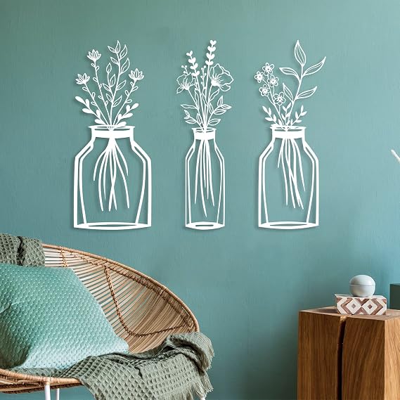 Spring Metal Wall Decor Set of 3, Unique Design Metal Flower Vase Art, Modern Kitchen Home Decor, Kitchen Wall Decor for Living Room, Minimalist Flower Hanging, Boho Decor, Housewarming Gift